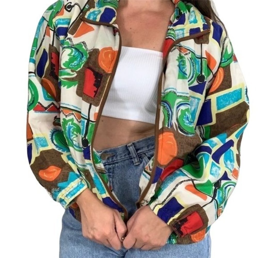 Vintage EVR 100% Silk Jacket Windsuit Bold Geometric Bright Zip Front Medium - Picture 1 of 12